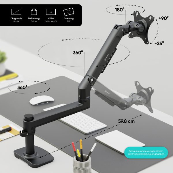 Tischhalterung für Monitor 17 -38  max 11 kg, Neigbar-schwenkbar, mit Drehfunktion, schwarz MS75 Mode – Bild 3